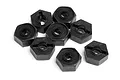 A group of eight black plastic 12mm RC wheel hex adapters arranged on a white background.