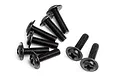 A cluster of eight black metal washer head screws with Phillips drive heads, arranged on a plain white background.
