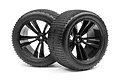 Two black RC car wheels with 5-spoke rims and knobby off-road tires, isolated on a white background.