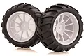 Two black off-road RC monster truck tyres mounted on white multi-spoke plastic rims, shown against a white background.