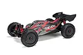 ARRMA Typhon 6S BLX 1/8 scale RC buggy in black and red livery, featuring off-road tires, rear wing, and red anodized shock absorbers.