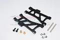 Two black aluminium rear lower suspension arms for Tamiya TT-02B with included screws, pins, bushings, and E-clips on a white background.