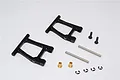 A pair of black aluminium rear lower suspension arms for an RC car, including metal pins, brass bushings, screws, and E-clips on a white background.