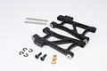 Two black aluminium front lower suspension arms for Tamiya TT-02B with included metal pins, screws, e-clips, and brass bushings on a white background.