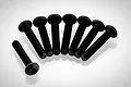 A set of eight black metal button head screws arranged in a fan shape on a white background.