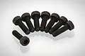 A set of eight black metal cap head screws arranged in a semi-circle on a white background.