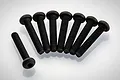 A set of eight black metal button head screws arranged in a fan shape on a white background.