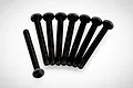 A set of eight black metal button head screws arranged in a fan shape on a white background.
