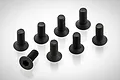Eight black metal countersunk head screws with hexagonal sockets arranged on a white surface.