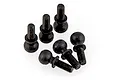 A set of six black metal ball studs for RC cars, arranged on a white background.