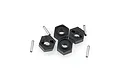 A set of four black plastic 12mm RC wheel hex adapters and four small metal drive pins arranged on a white background.