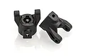 Two black molded plastic RC hub carriers for HSP vehicles, shown from different angles on a white background.