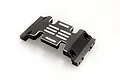 A black anodized aluminium RC chassis plate with silver machined accents on a white background.