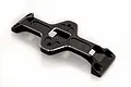 A black anodized aluminium RC car battery tray mount with silver chamfered edges on a white background.