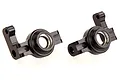 Two black anodized aluminium front hub carriers for an RC car, shown from a side angle on a white background.