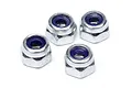 Four silver steel nyloc nuts with blue nylon inserts arranged on a white background.