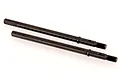Two black metal RC rear drive shafts with threaded ends and hexagonal bases on a white background.