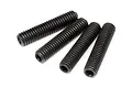 Four black metal grub screws with fine threading arranged in a row against a white background.