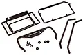 HSP RC roof rack and roll cage components including plastic frames, support bars, screws, and small bushings on a white background.