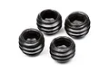 Four black metal grub screws with hexagonal sockets arranged on a white background.
