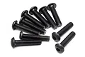 A collection of ten black metal button head screws with hex sockets, arranged on a white background.