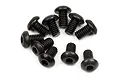 A group of ten black metal button head hex screws arranged on a white background.