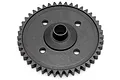 A black metal spur gear for an RC car, featuring a central hub and four mounting holes, isolated on a white background.