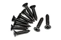 A cluster of ten black metal countersunk screws with coarse threads, arranged on a white background.