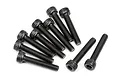 A cluster of ten black metal cap head screws with hexagonal sockets, arranged on a plain white background.