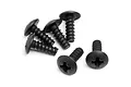 A cluster of six black RC car button head screws with coarse threads arranged on a white background.