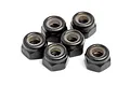 A cluster of six black 3mm nyloc nuts with white nylon inserts, arranged on a white background.