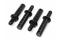 Four black plastic RC body shell mount posts with multiple adjustment holes, arranged on a white background.