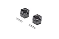 Two black metal wheel hexes and two small silver metal drive pins for an RC car, arranged on a white background.