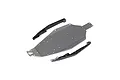 Losi Mini-T 2.0 aluminium chassis plate with two black plastic mud guards, shown from a top-down perspective on a white background.
