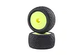 Two Losi BK Bar RC car tires pre-mounted on bright yellow dish wheels, stacked vertically against a white background.
