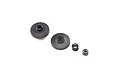 Losi slipper clutch hardware set including two black plastic pressure plates, a metal spring, and a nylon lock nut.