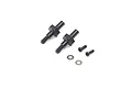 Two black metal front axles for an RC car, accompanied by two small screws and two washers on a white background.