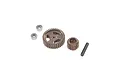 Losi differential and idler gear set including two small ball bearings, one large gear, one small pinion gear, and a metal pin on a white background.