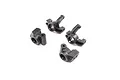Four black plastic RC steering hub carriers and hubs arranged on a white background.