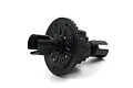 A black RC car oil-filled differential gear assembly with metal outdrives against a white background.