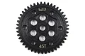 A black Yeah Racing 45T steel spur gear for RC vehicles, featuring a circular design with multiple lightening holes and laser-etched branding.