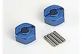 Two blue anodized aluminium 12mm wheel hexes and four metal axle pins arranged on a white background.