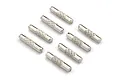Eight small silver metal drive pins with a knurled center section arranged on a white background.