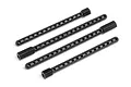 Four black plastic RC car body posts with multiple adjustment holes arranged diagonally on a white background.
