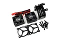 Yeah Racing black aluminium motor heat sink with twin cooling fans, mounting bracket, and screws for RC car motors.