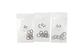 Three small clear plastic bags containing silver metal washer shims, labeled 0.1, 0.2, and 0.3 respectively.