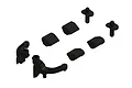 ARRMA front body mount set components including two curved mounting arms, four wedge-shaped spacers, and two vertical body posts in black plastic.