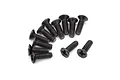 A collection of twelve black metal countersunk screws with Phillips heads arranged on a white background.