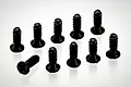 Ten black countersunk head screws with coarse threads arranged on a white background.