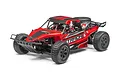 A red Maverick Strada DT desert truck RC car body shell with black accents and racing decals, shown from a front three-quarter angle.